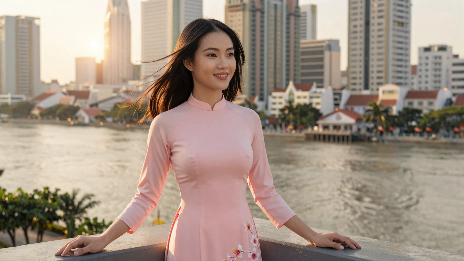 Graceful Vietnamese woman in modern ao dai dress on Saigon River balcony at golden hour - vietnamese women dating