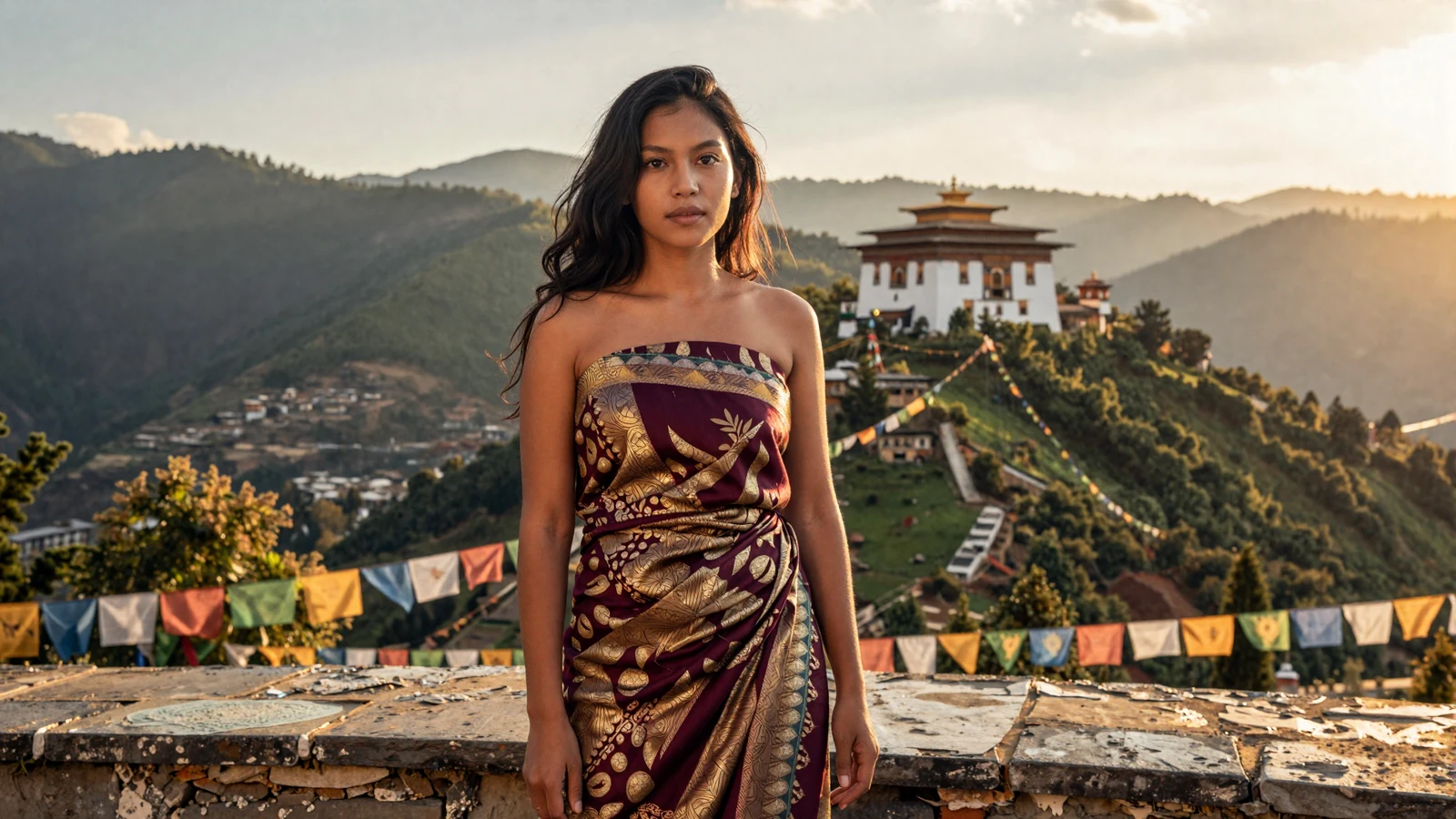 Bhutanese woman in traditional kira dress standing on a Himalayan terrace at golden hour - bhutanese women dating