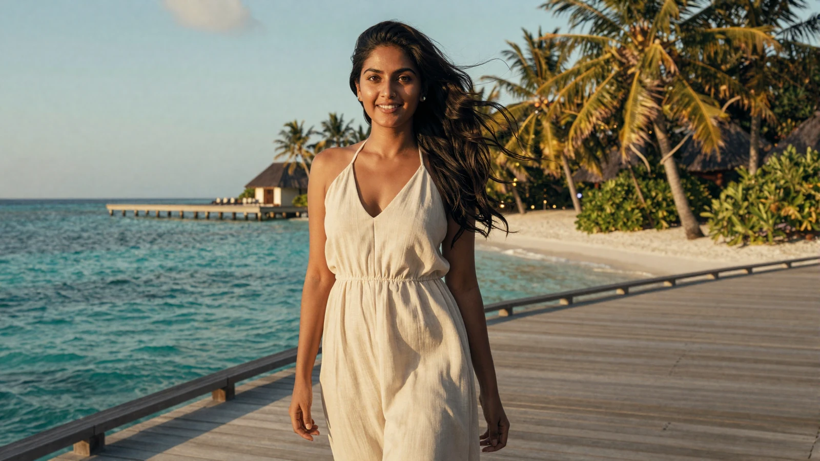 Maldivian woman smiling on overwater deck with turquoise lagoon - maldivian women dating
