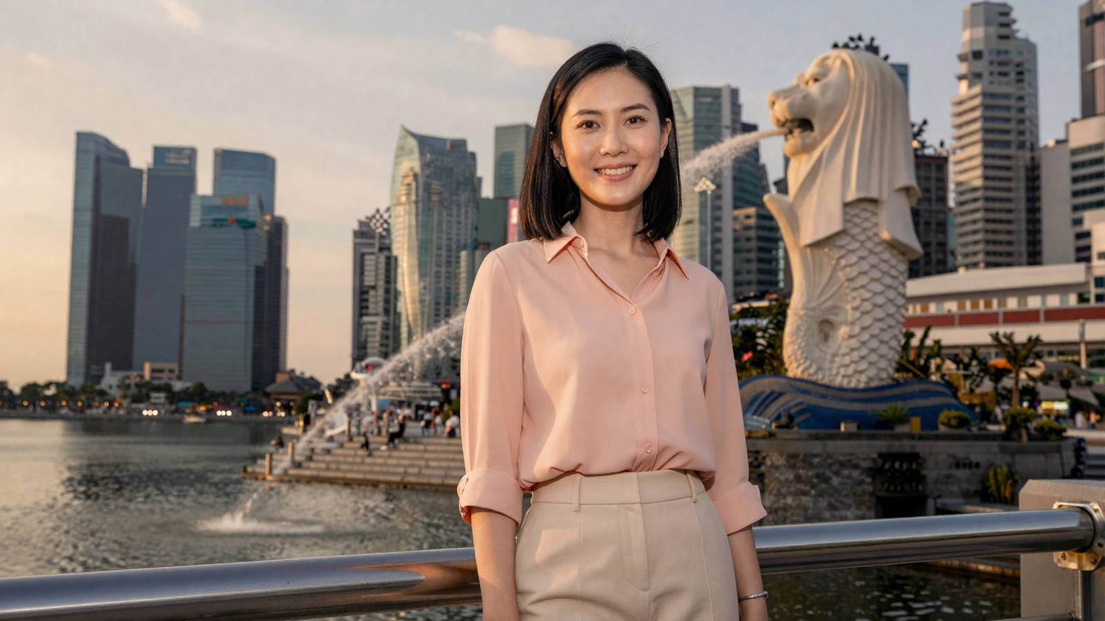 Elegant Singaporean woman on the Marina Bay waterfront at golden hour - singaporean women dating