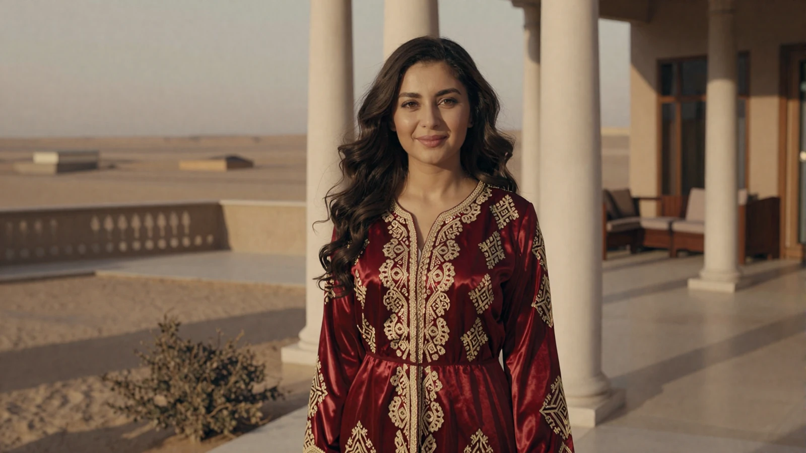 Beautiful Turkmen woman in traditional red silk dress with gold embroidery standing in sunlit marble courtyard - turkmenistan women dating