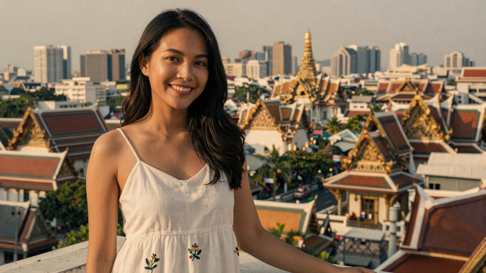 Smiling Thai woman on a Bangkok terrace at golden hour - thai women dating