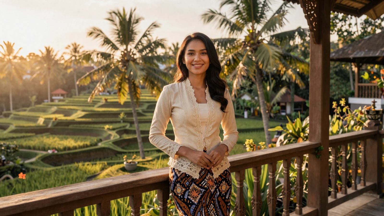 Beautiful Indonesian woman smiling on a Balinese terrace at golden hour - indonesian women dating