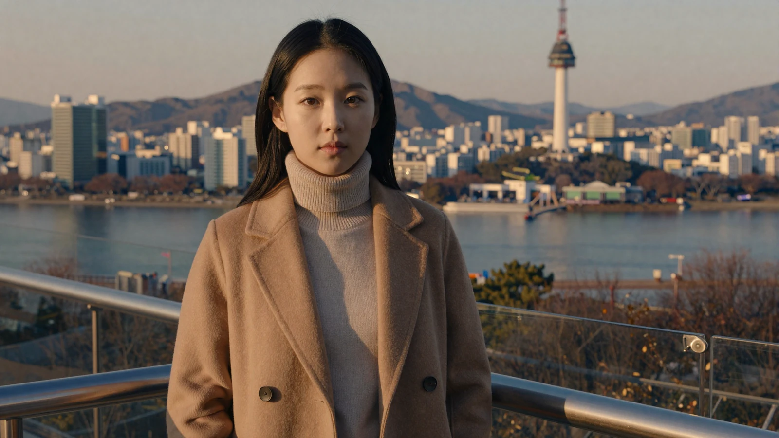 Beautiful Korean woman smiling on a Seoul rooftop terrace at golden hour - korean women dating