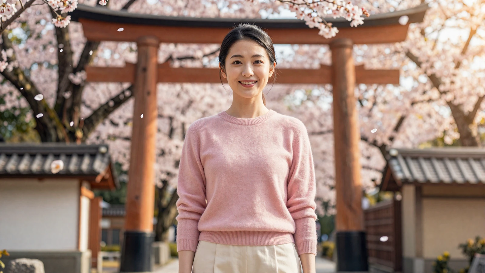Elegant Japanese woman smiling warmly near a traditional torii gate during cherry blossom season - japanese women dating