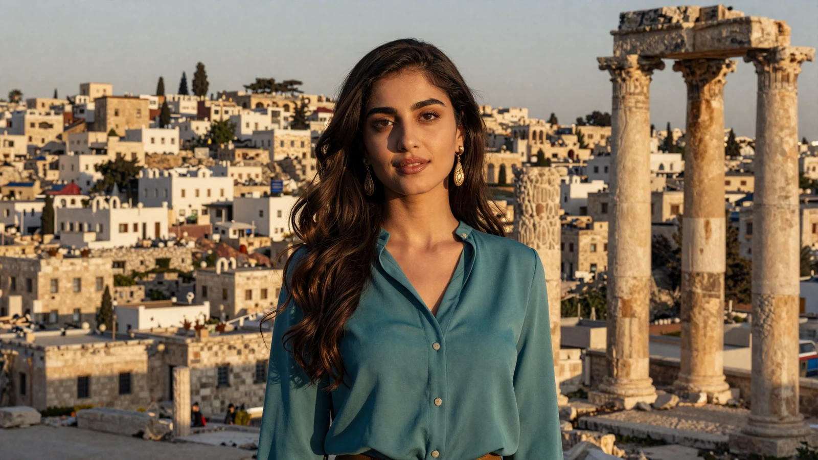 Elegant Jordanian woman in modern teal blouse standing near Roman columns overlooking Amman cityscape - jordanian women dating