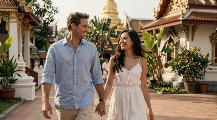 Western man and Thai woman walking hand in hand through a golden Thai temple courtyard at sunset