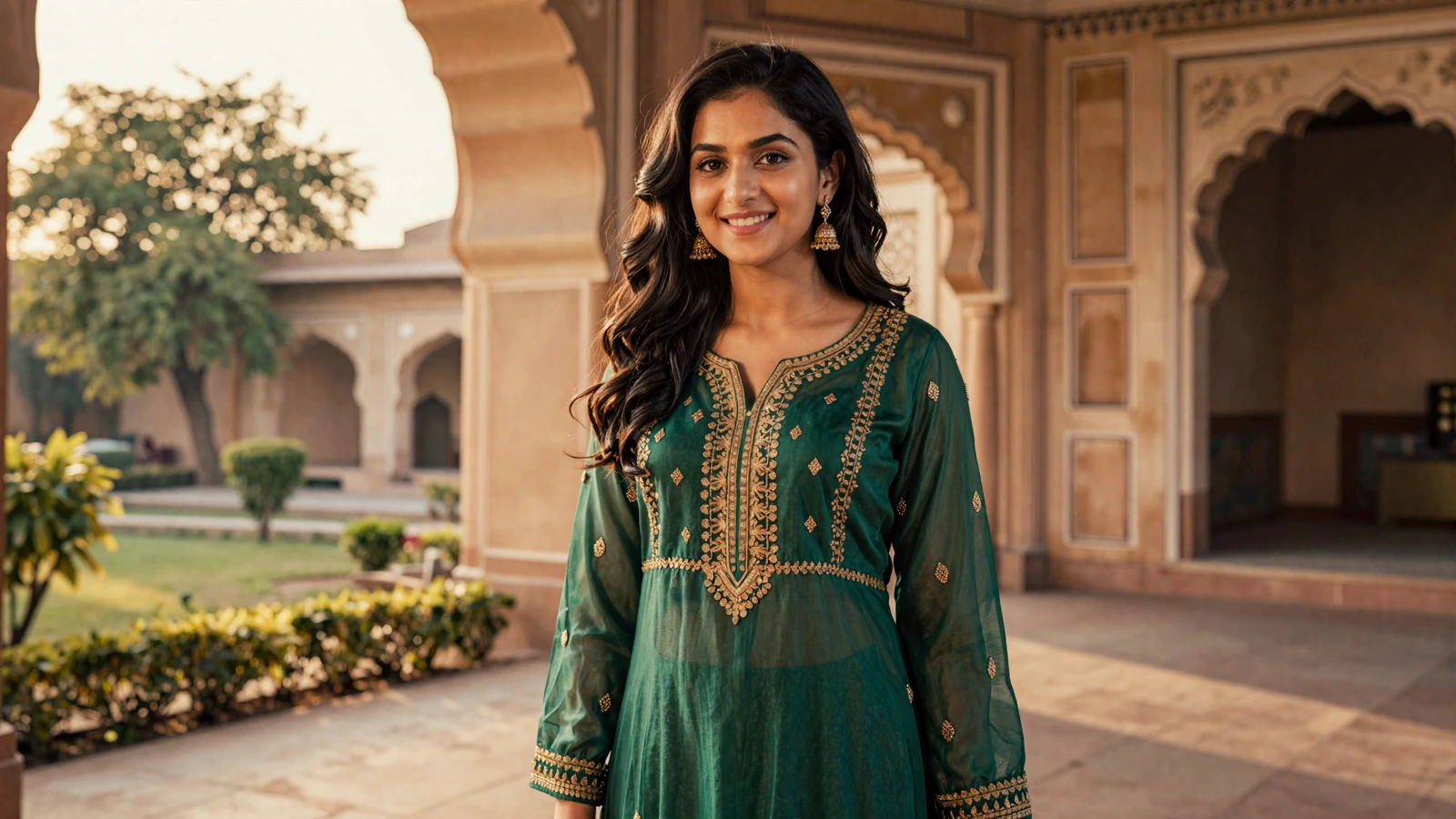 Beautiful Indian woman in emerald salwar kameez smiling near ornate archway - indian women dating