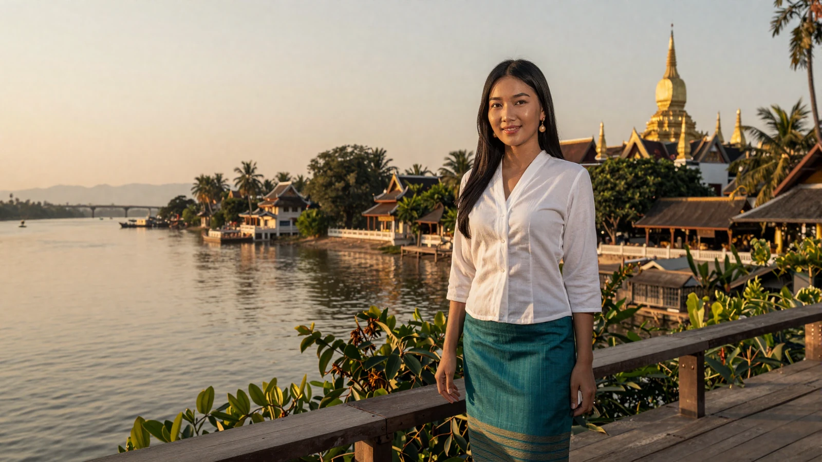 Beautiful Laotian woman in traditional sinh skirt on Mekong River terrace at golden hour - laotian women dating