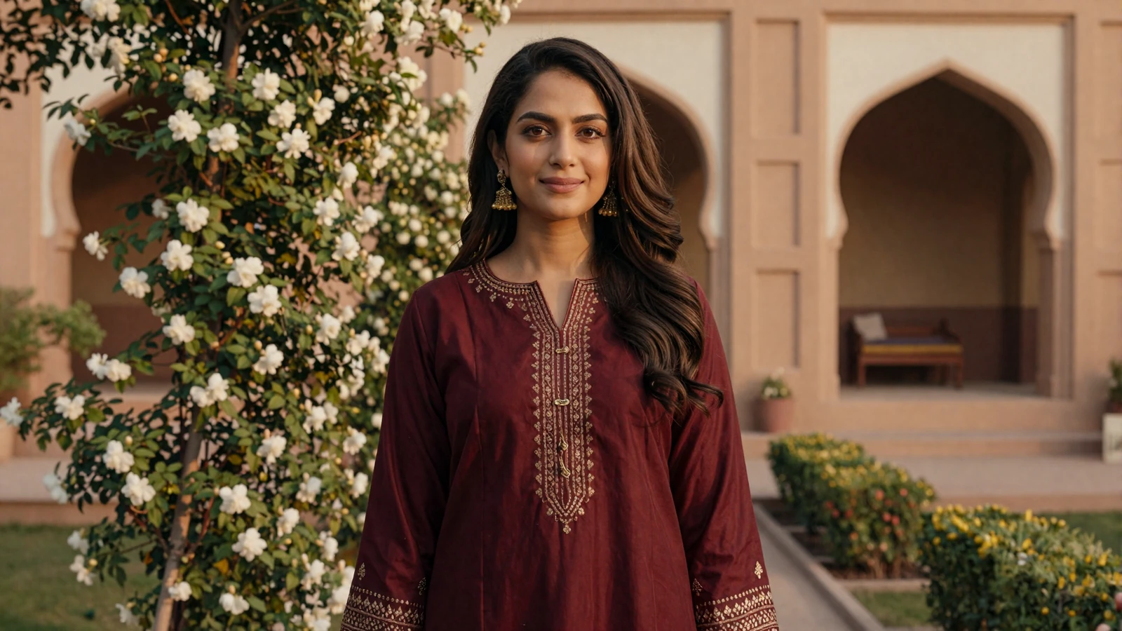 Beautiful Pakistani woman smiling in a garden with Mughal architecture - pakistani women dating
