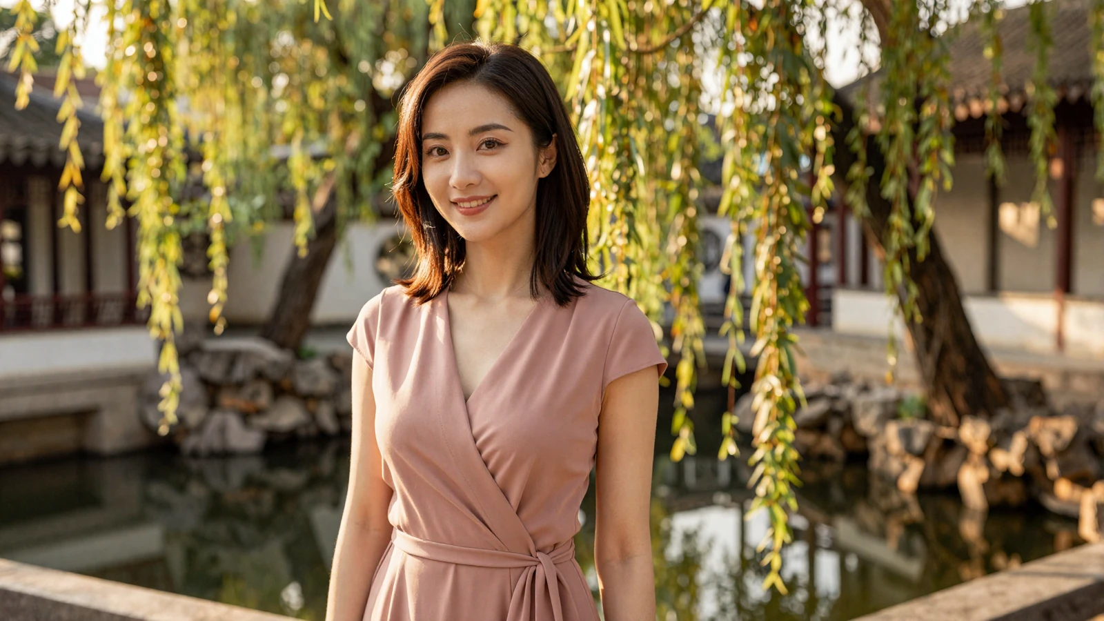 Elegant Chinese woman smiling in a traditional garden setting - chinese women dating
