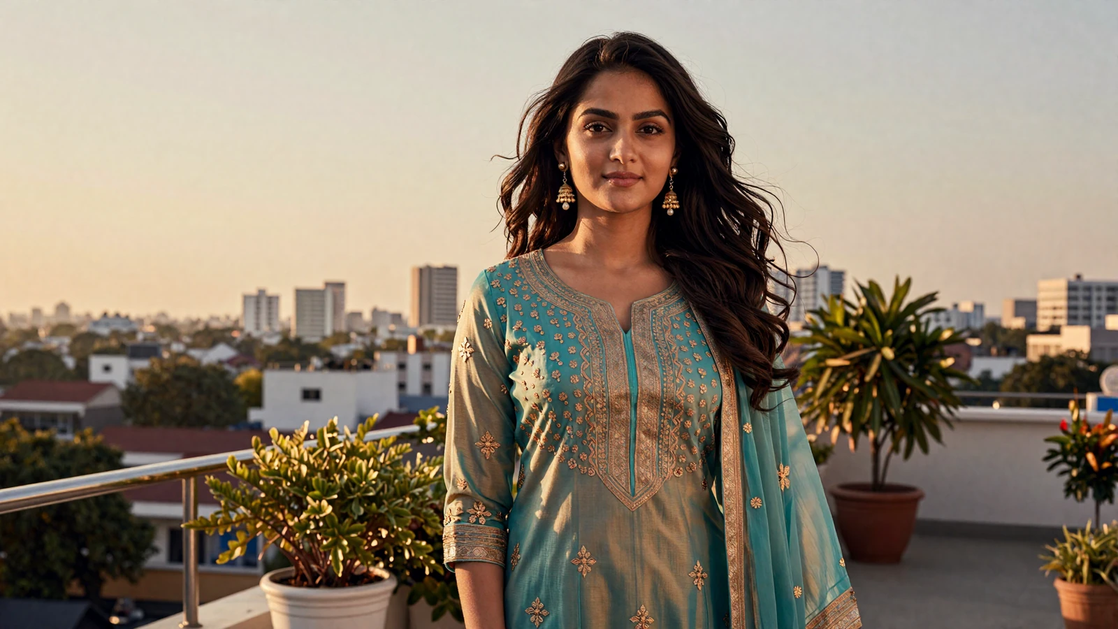 Beautiful Bangladeshi woman smiling on a Dhaka rooftop terrace at sunset - bangladeshi women dating