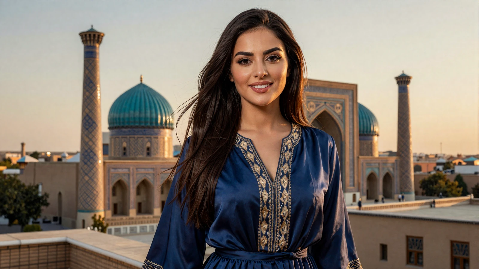 Beautiful Uzbek woman in elegant silk dress standing before Samarkand's turquoise domes - uzbek women dating