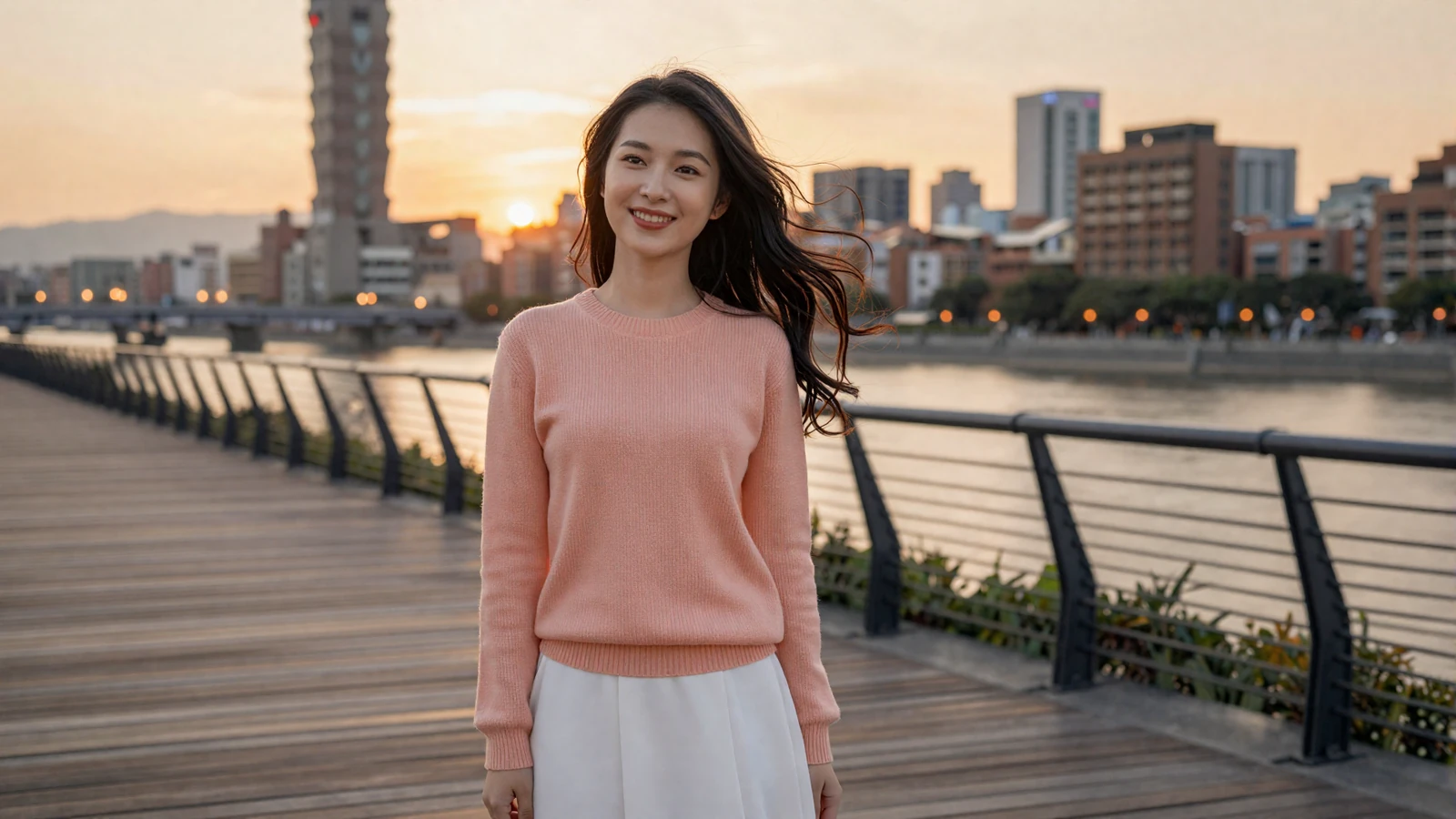 Beautiful Taiwanese woman in casual attire on Taipei waterfront at sunset - taiwanese women dating