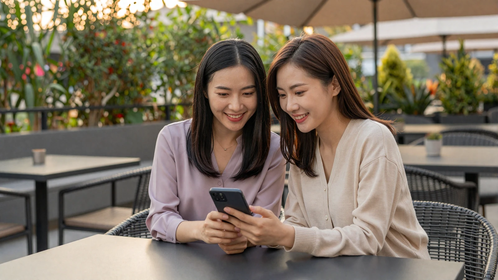 Two Asian women smiling while browsing dating profiles on a phone at an outdoor cafe - how to write dating profile