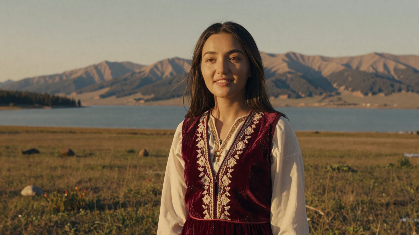 Beautiful Kyrgyz woman in traditional embroidered vest standing near Issyk-Kul lake with Tian Shan mountains - kyrgyz women dating