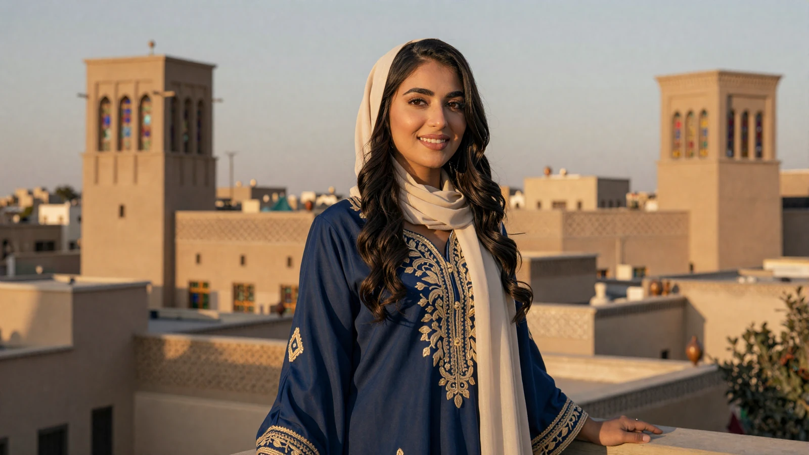 Elegant Yemeni woman in traditional embroidered dress on a Sana'a rooftop terrace at golden hour - yemeni women dating